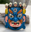Hand Carved Tibetan Buddhist Mahakala Wooden Mask Wall Decor Hanging Blue - DharmaObjects