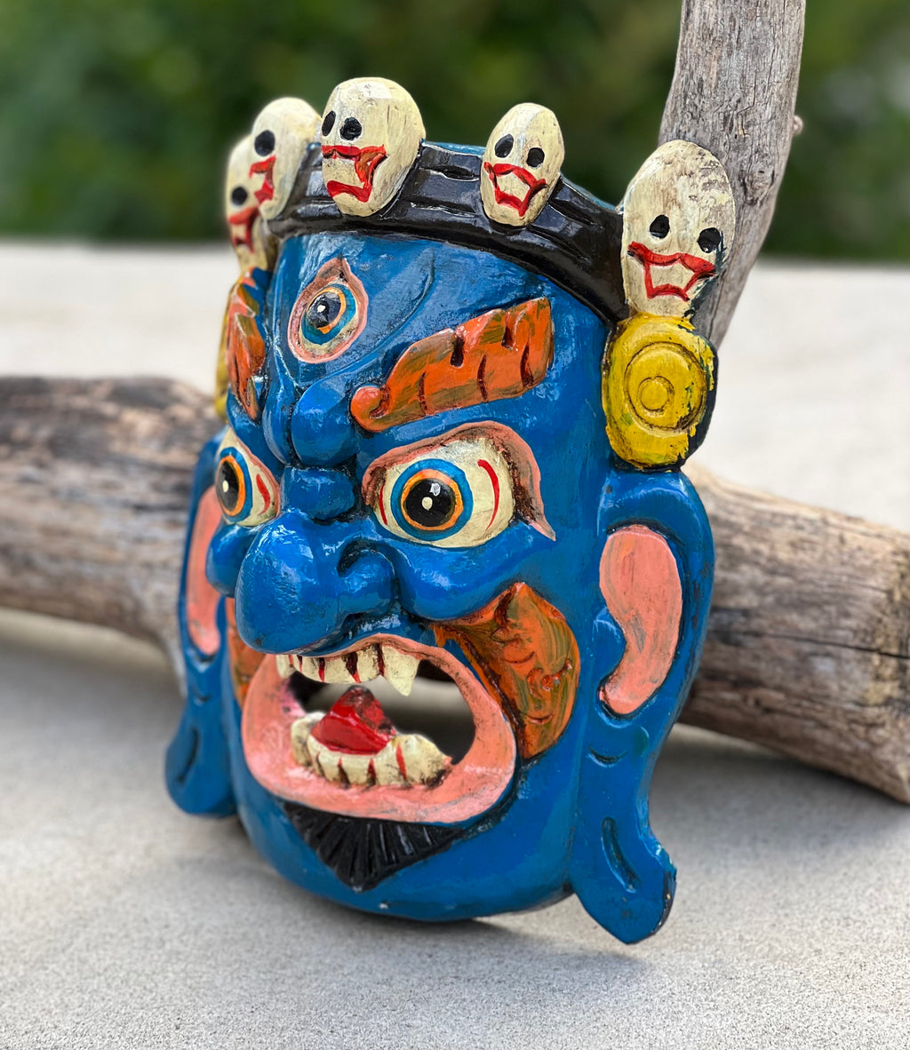 Hand Carved Tibetan Buddhist Mahakala Wooden Mask Wall Decor Hanging Blue - DharmaObjects