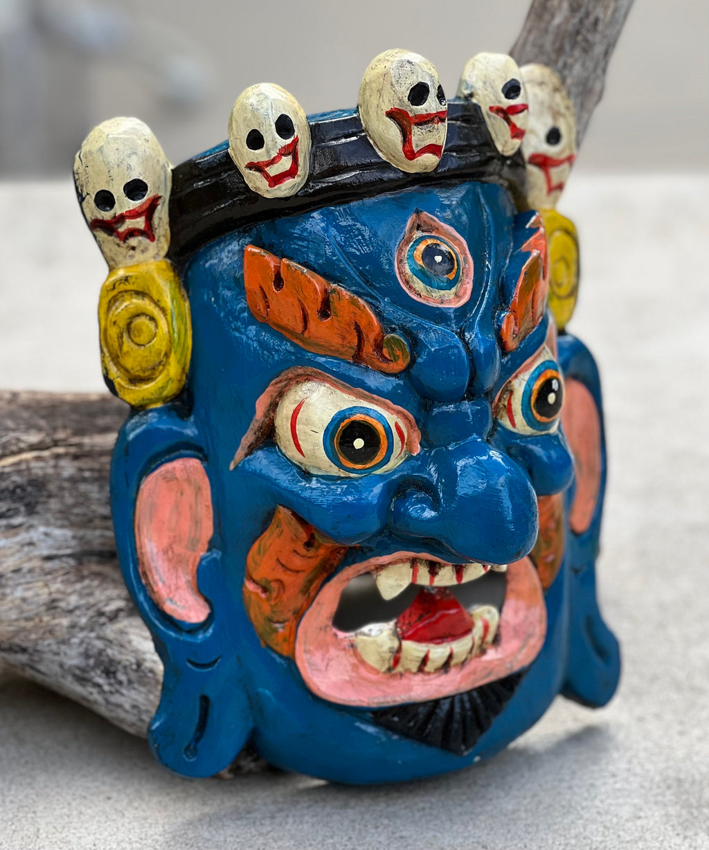 Hand Carved Tibetan Buddhist Mahakala Wooden Mask Wall Decor Hanging Blue - DharmaObjects