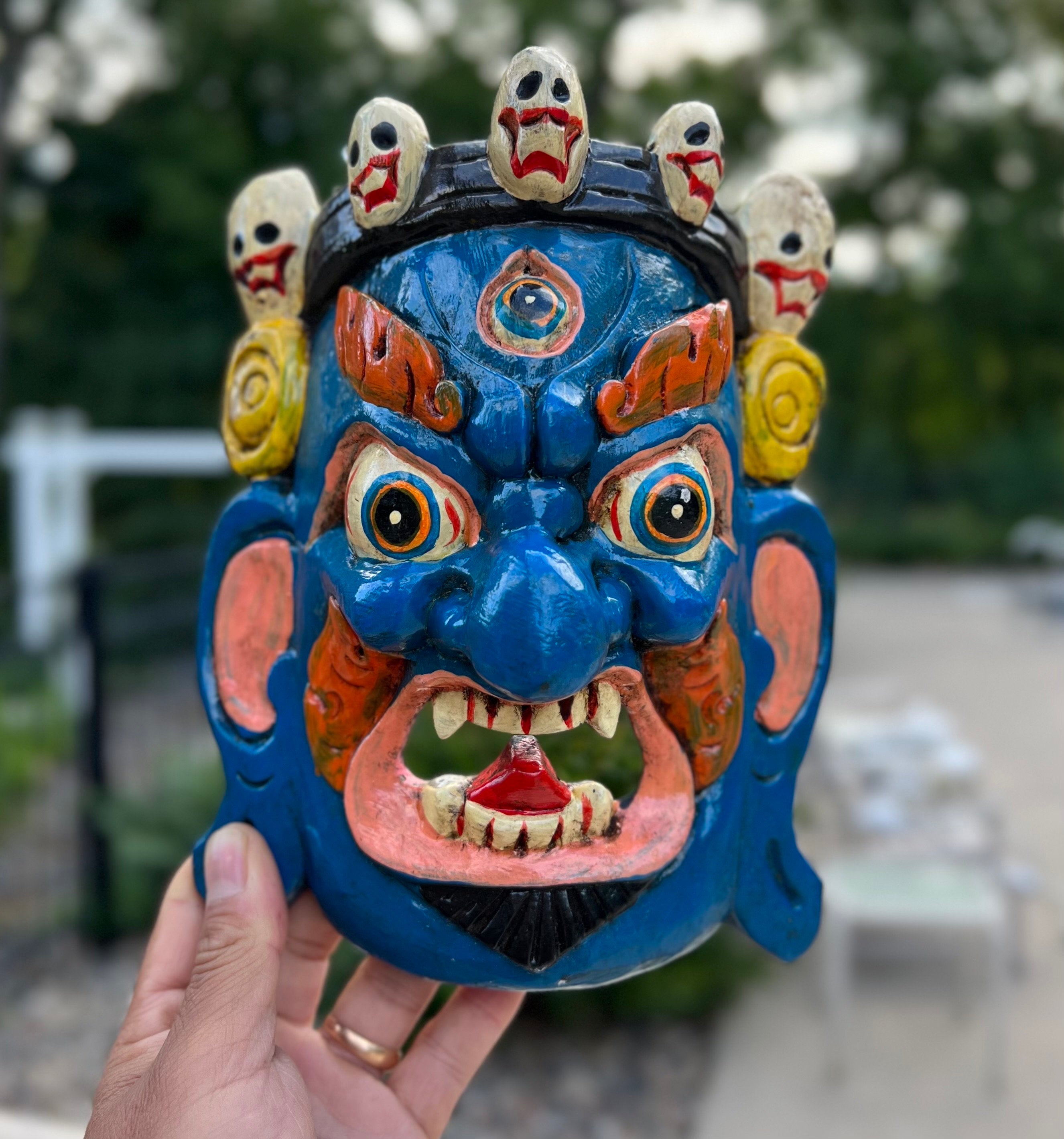 Hand Carved Tibetan Buddhist Mahakala Wooden Mask Wall Decor Hanging Blue - DharmaObjects