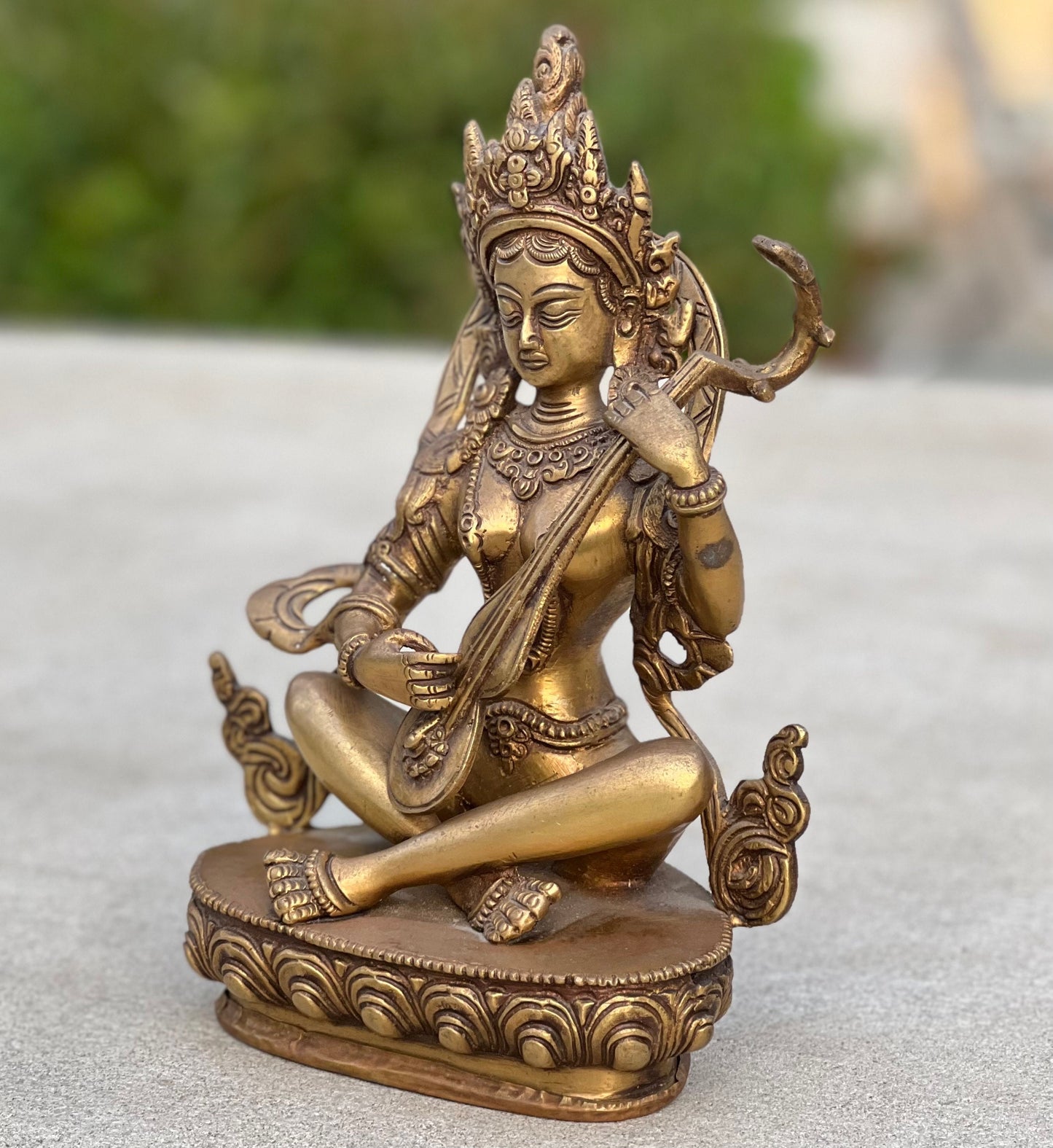 Goddess Of Music and Wisdom Yangchenma Saraswati Statue Solid Brass Antique Finish for Home Altar Shrine Meditation Room 8 Inches Tall