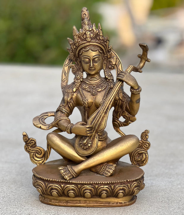 Goddess Of Music and Wisdom Yangchenma Saraswati Statue Solid Brass Antique Finish for Home Altar Shrine Meditation Room 8 Inches Tall