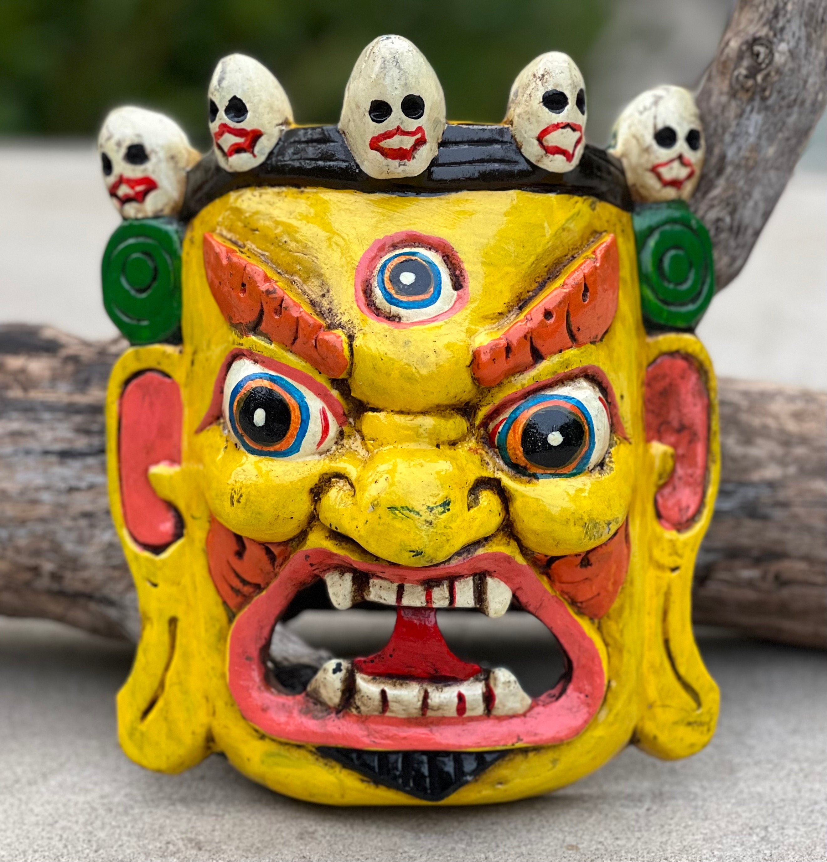 Hand Carved Tibetan Buddhist Mahakala Wooden Mask Wall Decor Hanging Yellow - DharmaObjects