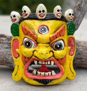 Hand Carved Tibetan Buddhist Mahakala Wooden Mask Wall Decor Hanging Yellow