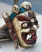 Hand Carved Tibetan Buddhist Mahakala Wooden Mask Wall Decor Hanging White Extra Large 10" Tall