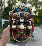 Hand Carved Tibetan Buddhist Mahakala Wooden Mask Wall Decor Hanging White Extra Large 10" Tall