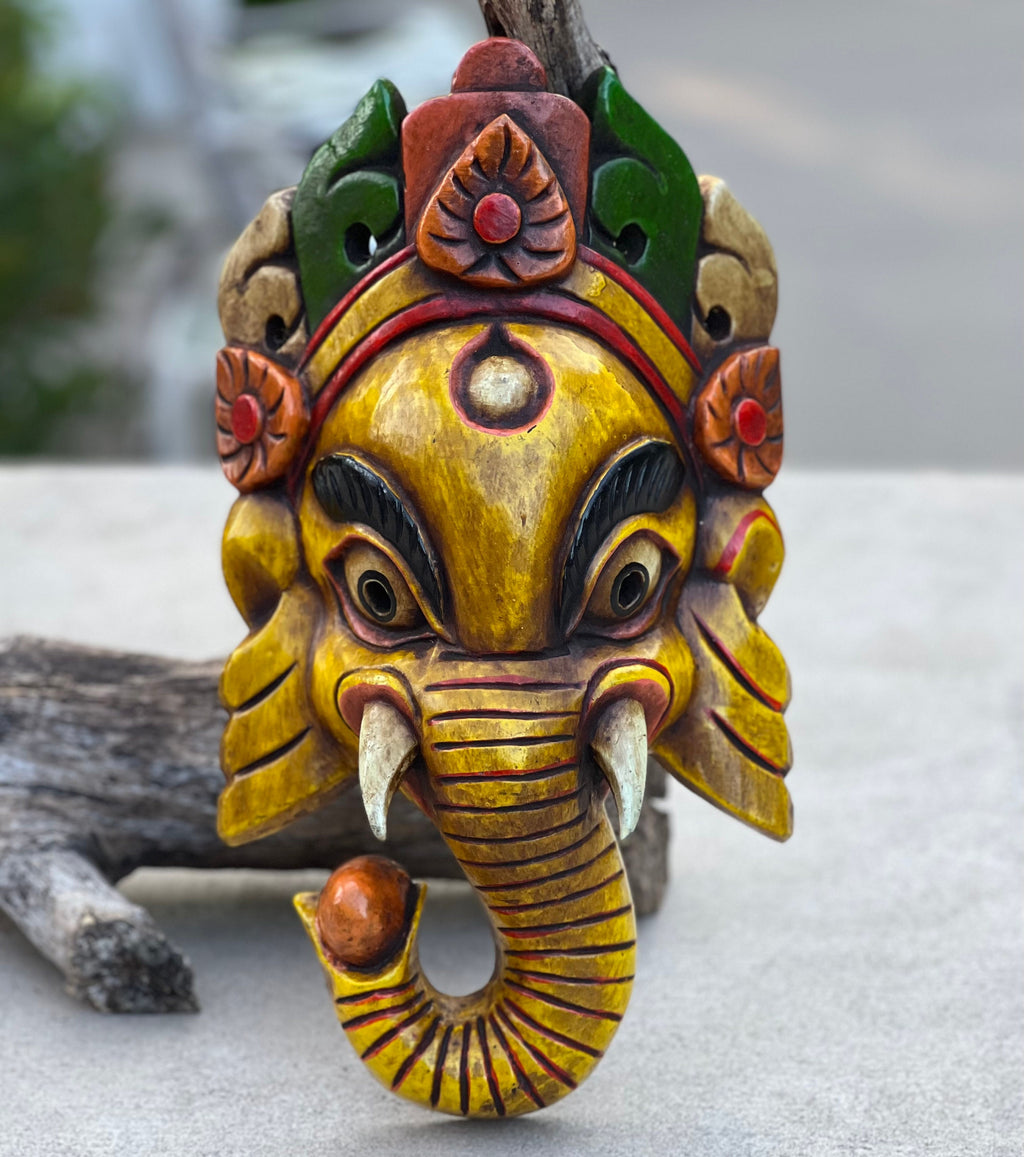 Hand Carved Wooden GANESH Hindu Elephant Deity MASK Handmade in NEPAL Sculptural Wall Hanging Decor Yellow
