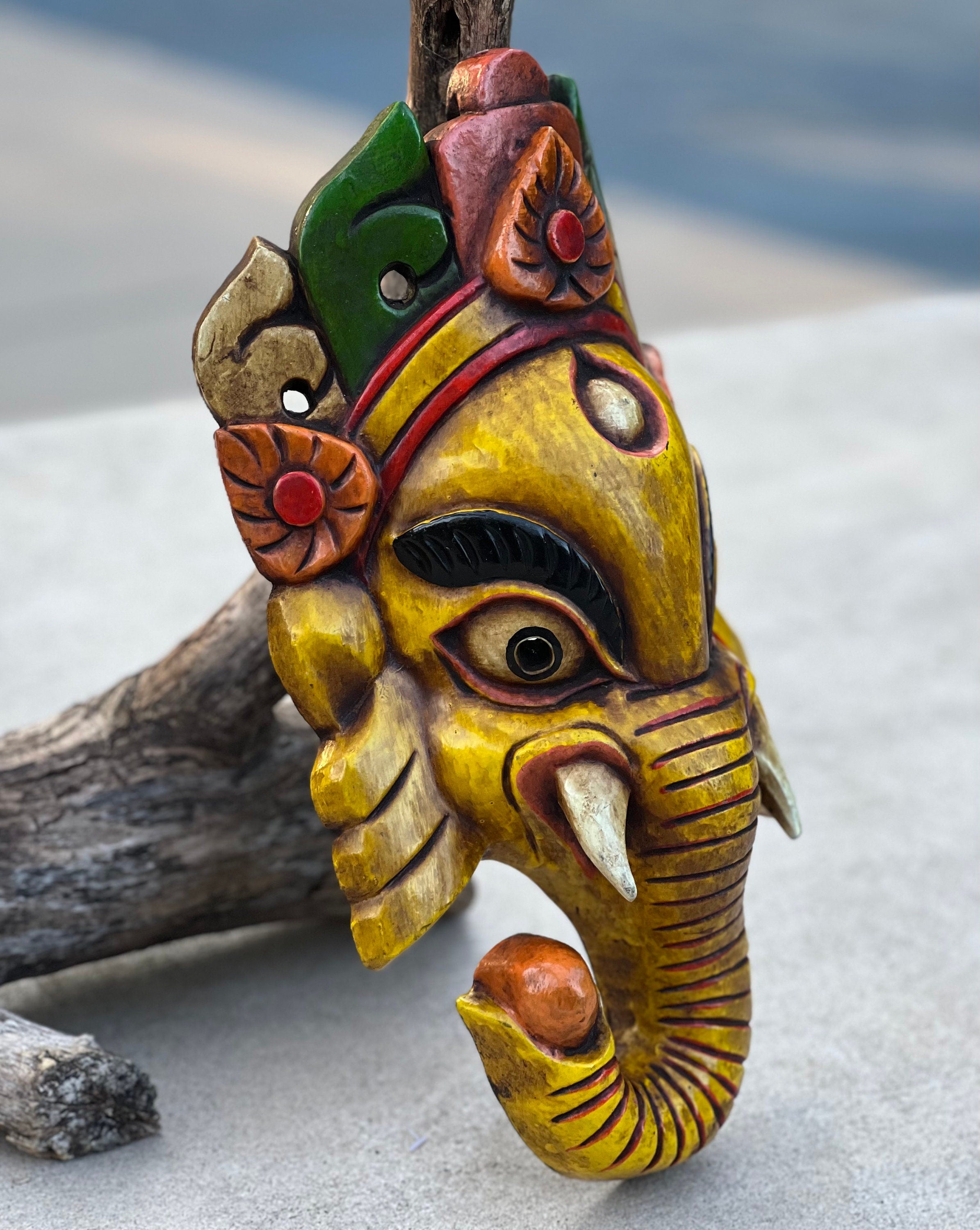 Hand Carved Wooden GANESH Hindu Elephant Deity MASK Handmade in NEPAL Sculptural Wall Hanging Decor Yellow