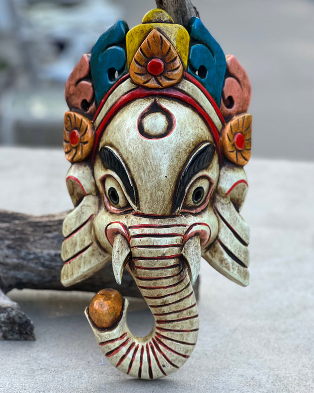 Hand Carved Wooden GANESH Hindu Elephant Deity MASK Handmade in NEPAL Sculptural Wall Hanging Decor White