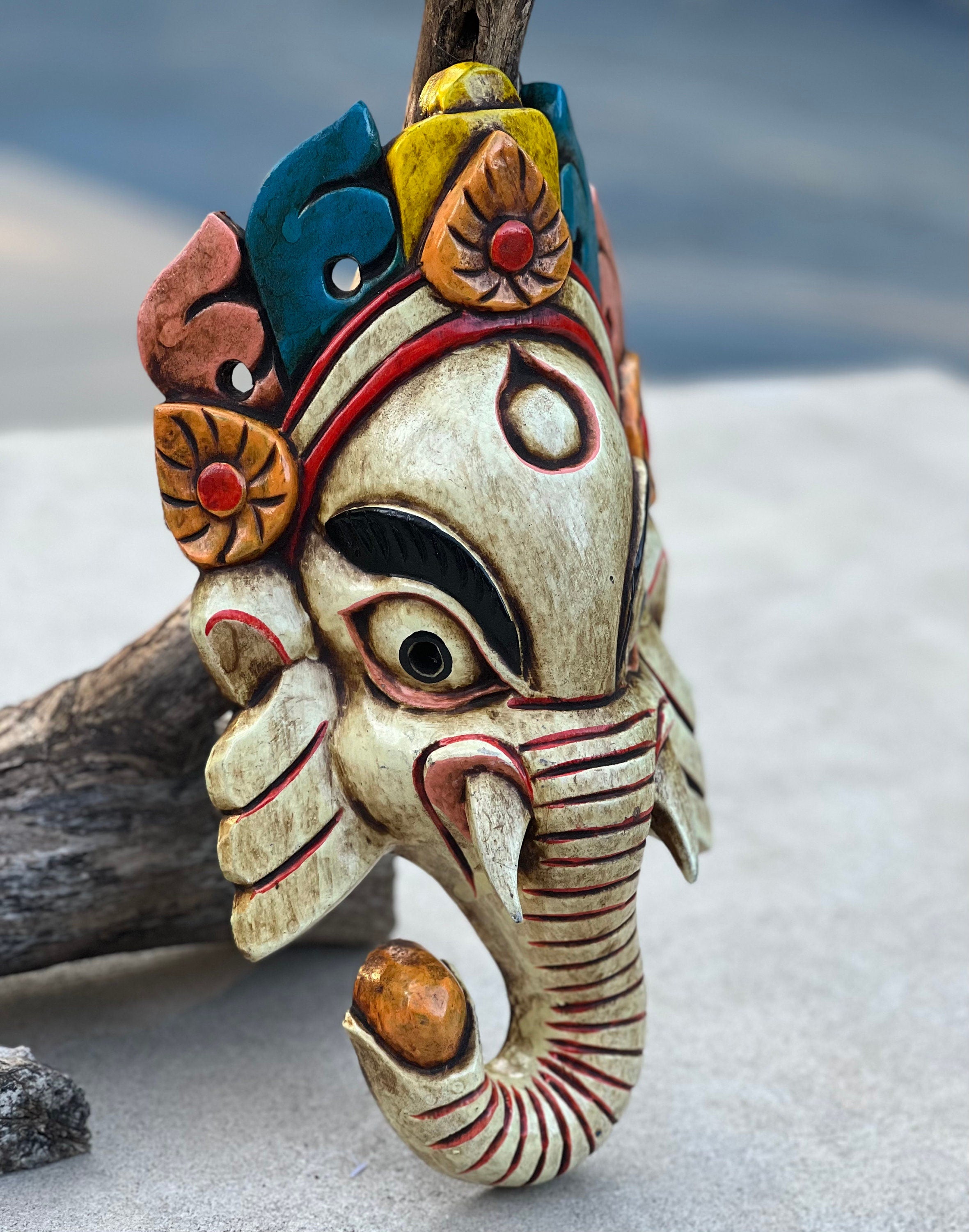 Hand Carved Wooden GANESH Hindu Elephant Deity MASK Handmade in NEPAL Sculptural Wall Hanging Decor White