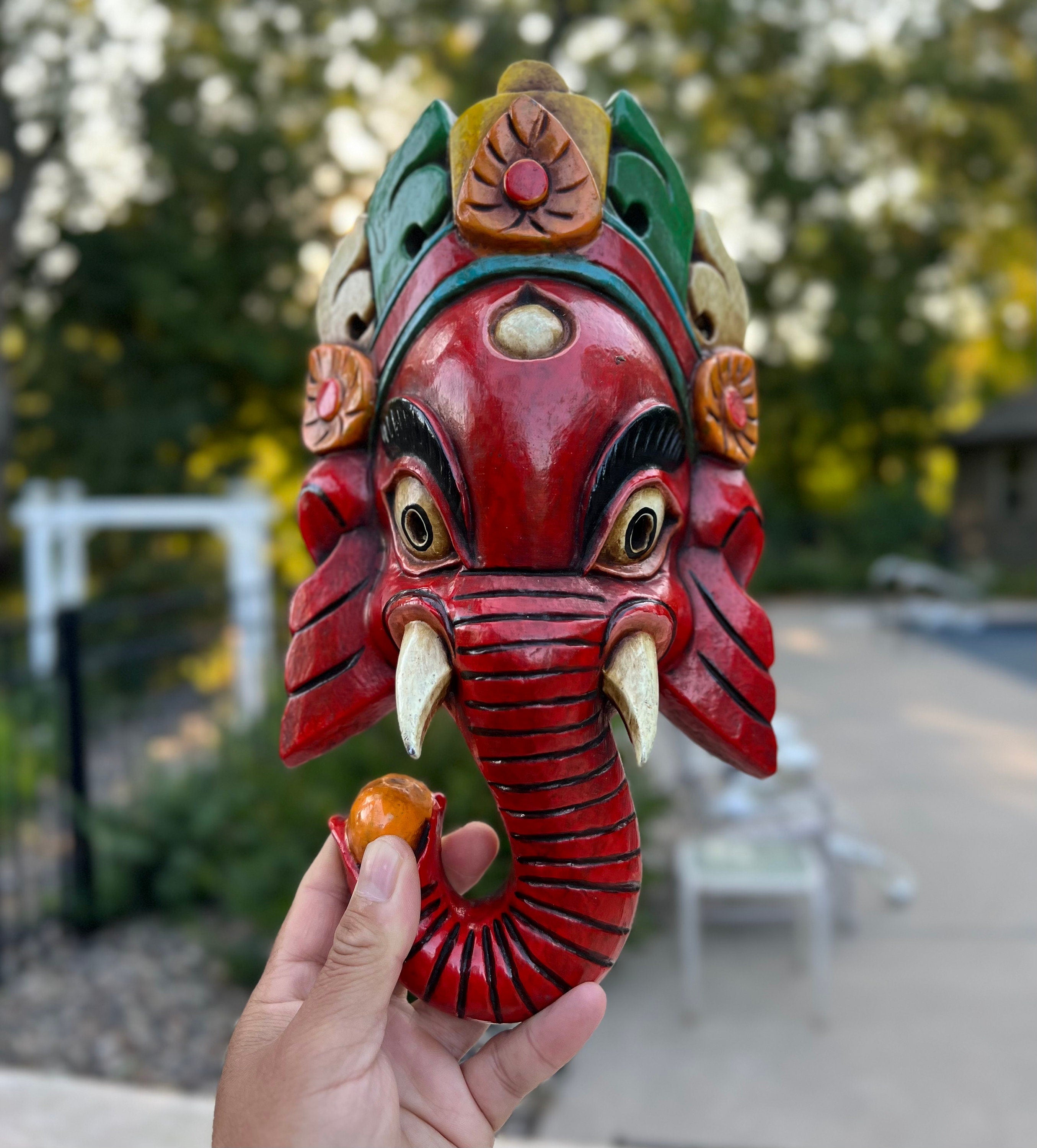 Hand Carved Wooden GANESH Hindu Elephant Deity MASK Handmade in NEPAL Sculptural Wall Hanging Decor Red - DharmaObjects
