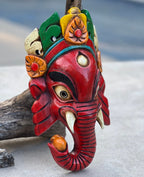 Hand Carved Wooden GANESH Hindu Elephant Deity MASK Handmade in NEPAL Sculptural Wall Hanging Decor Red - DharmaObjects