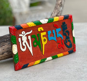 Hand Carved Painted Tibetan Buddhist "Om Mani Padme Hum" Sign in Wood