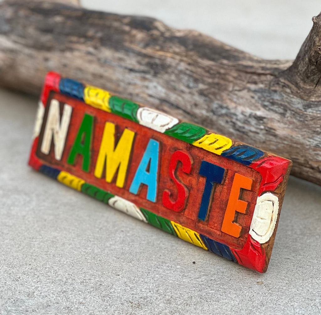 Hand Carved Painted "NAMASTE" Sign in Wood, Nepali Greeting "NAMASTE" Wall Hanging Decor Nepal