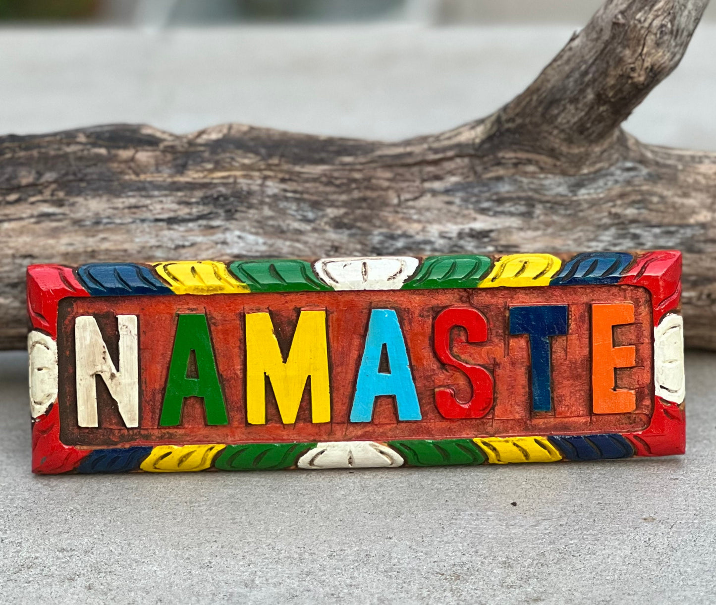 Hand Carved Painted "NAMASTE" Sign in Wood, Nepali Greeting "NAMASTE" Wall Hanging Decor Nepal