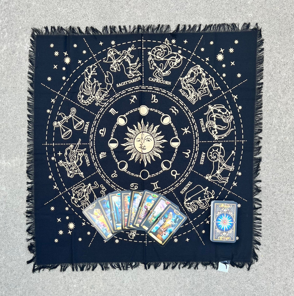 Zodiac Astrology Sun Moon Altar Cloth Tarot Witchcraft Table Cloth Cover Gold - DharmaObjects