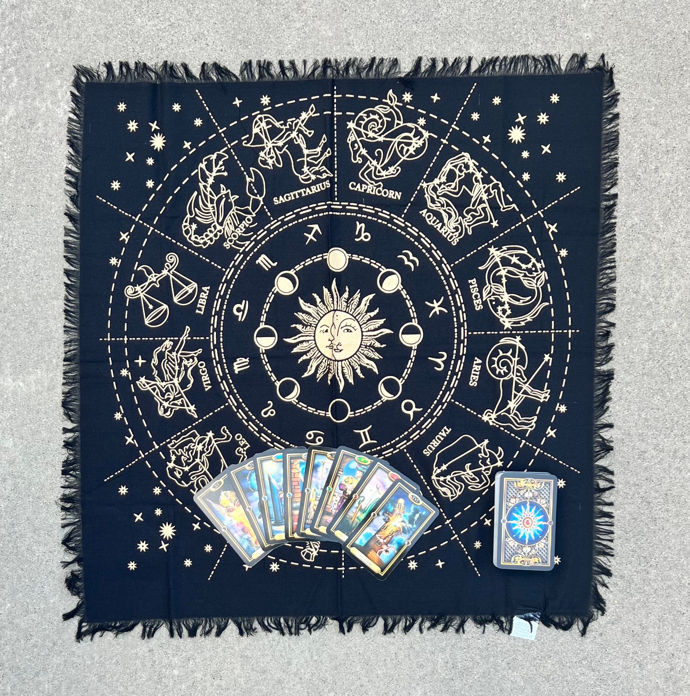 Zodiac Astrology Sun Moon Altar Cloth Tarot Witchcraft Table Cloth Cover Gold - DharmaObjects