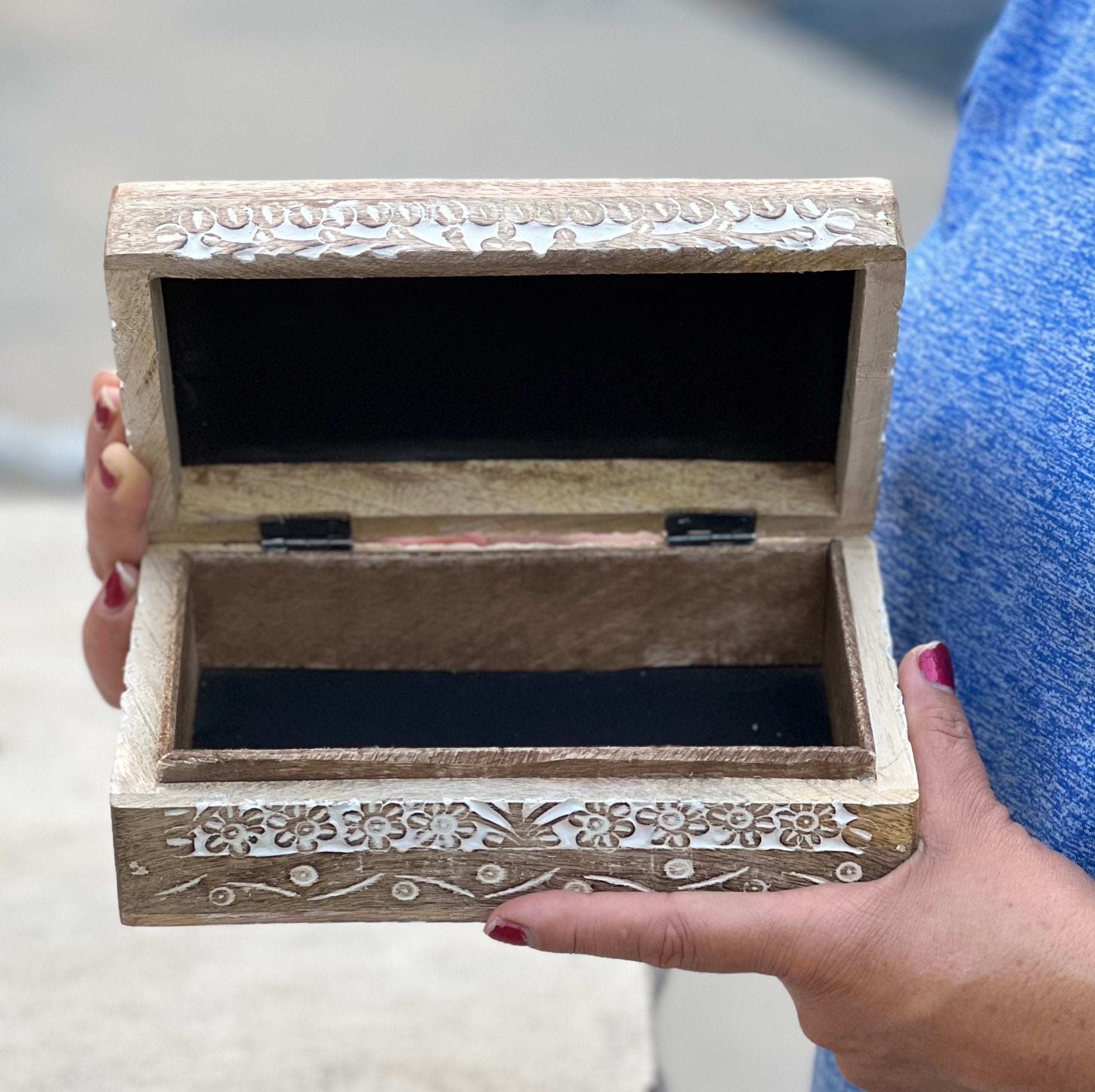 Handmade Hand Carved Lotus Wooden Box Keepsake Jewelry Watch Storage - DharmaObjects