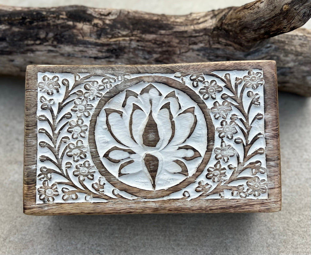 Handmade Hand Carved Lotus Wooden Box Keepsake Jewelry Watch Storage - DharmaObjects