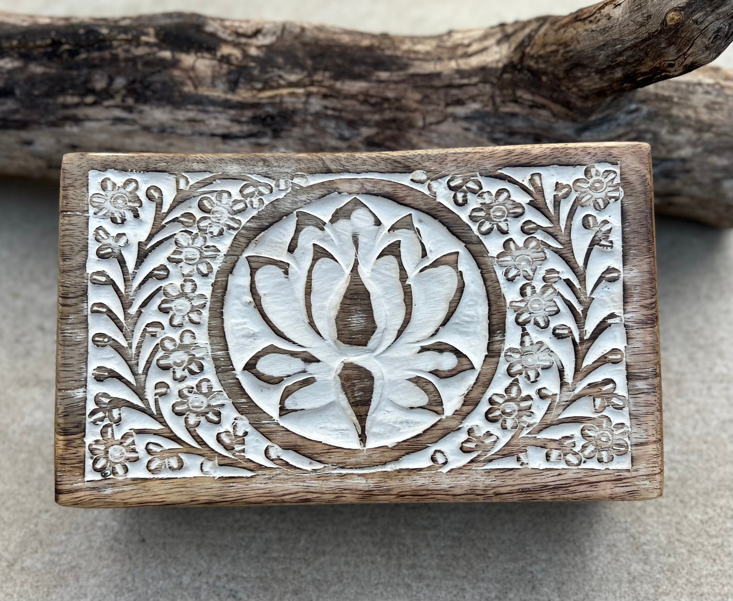 Handmade Hand Carved Lotus Wooden Box Keepsake Jewelry Watch Storage - DharmaObjects