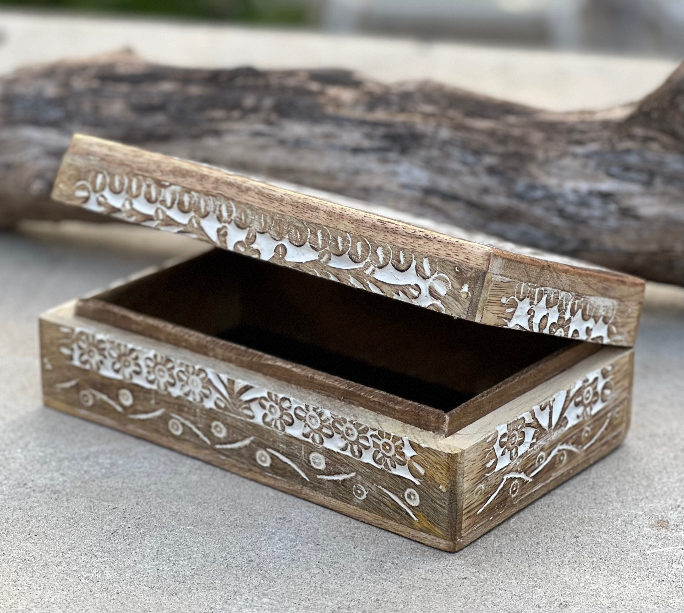 Handmade Hand Carved Lotus Wooden Box Keepsake Jewelry Watch Storage - DharmaObjects