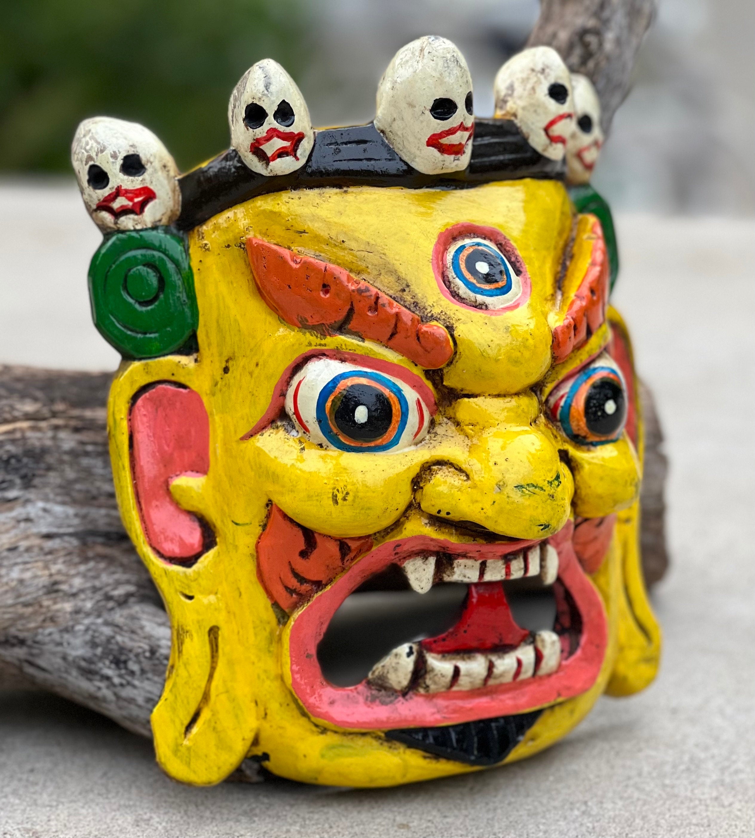 Hand Carved Tibetan Buddhist Mahakala Wooden Mask Wall Decor Hanging Yellow - DharmaObjects