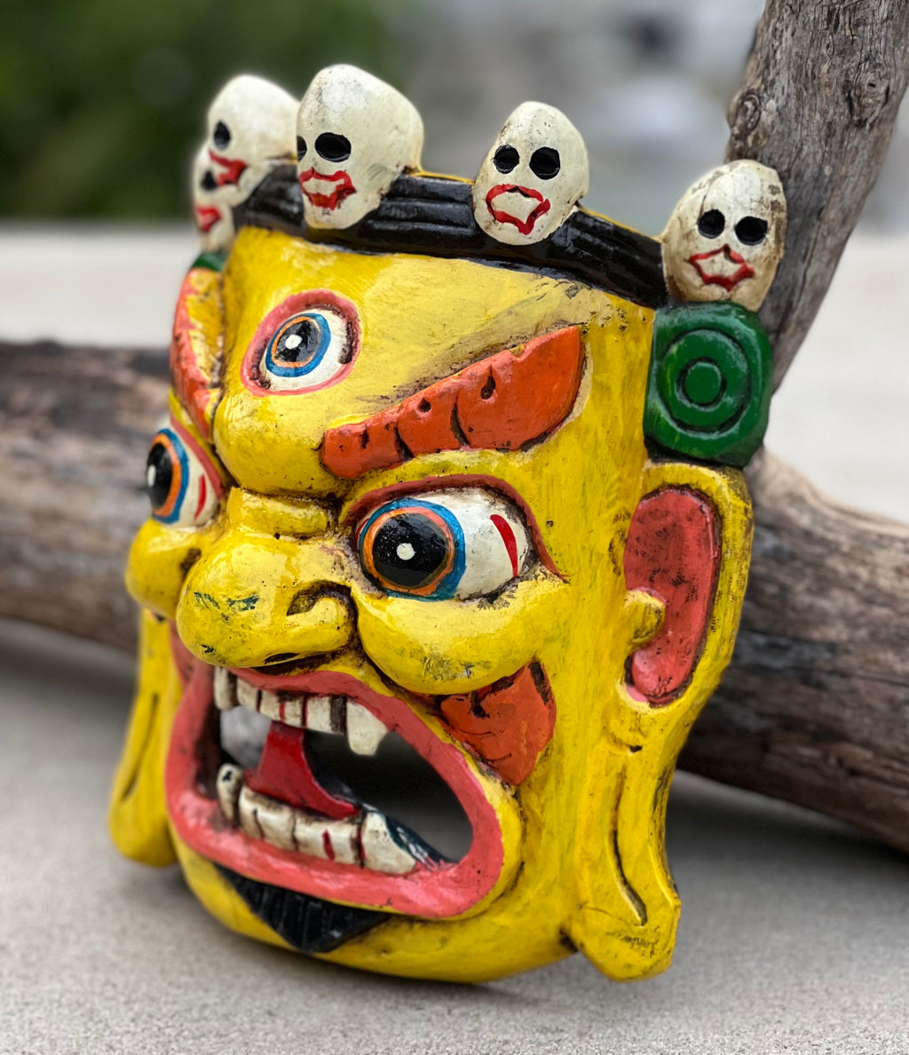 Hand Carved Tibetan Buddhist Mahakala Wooden Mask Wall Decor Hanging Yellow - DharmaObjects
