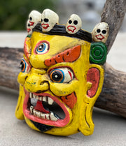 Hand Carved Tibetan Buddhist Mahakala Wooden Mask Wall Decor Hanging Yellow