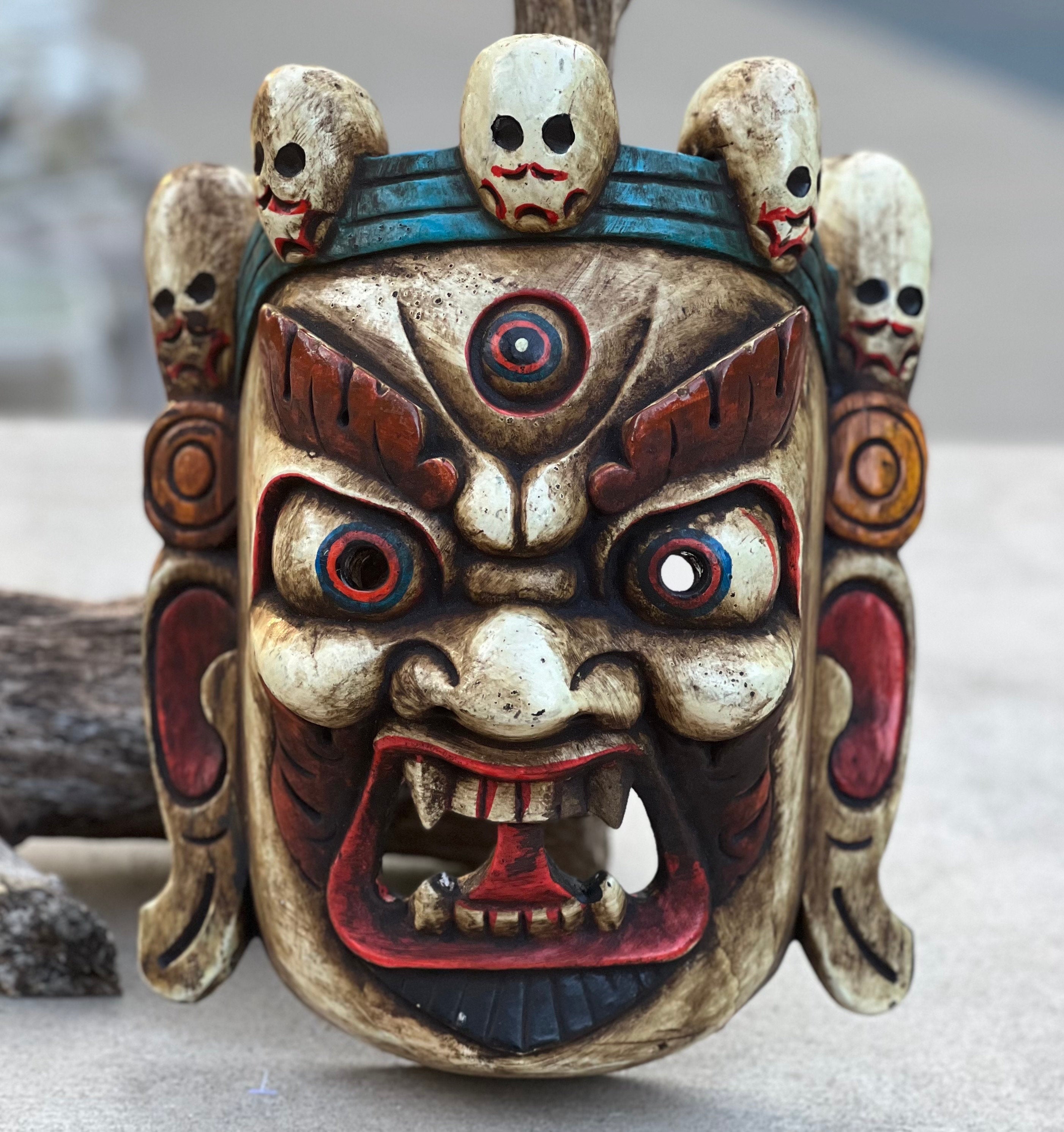 Hand Carved Tibetan Buddhist Mahakala Wooden Mask Wall Decor Hanging White Extra Large 10" Tall