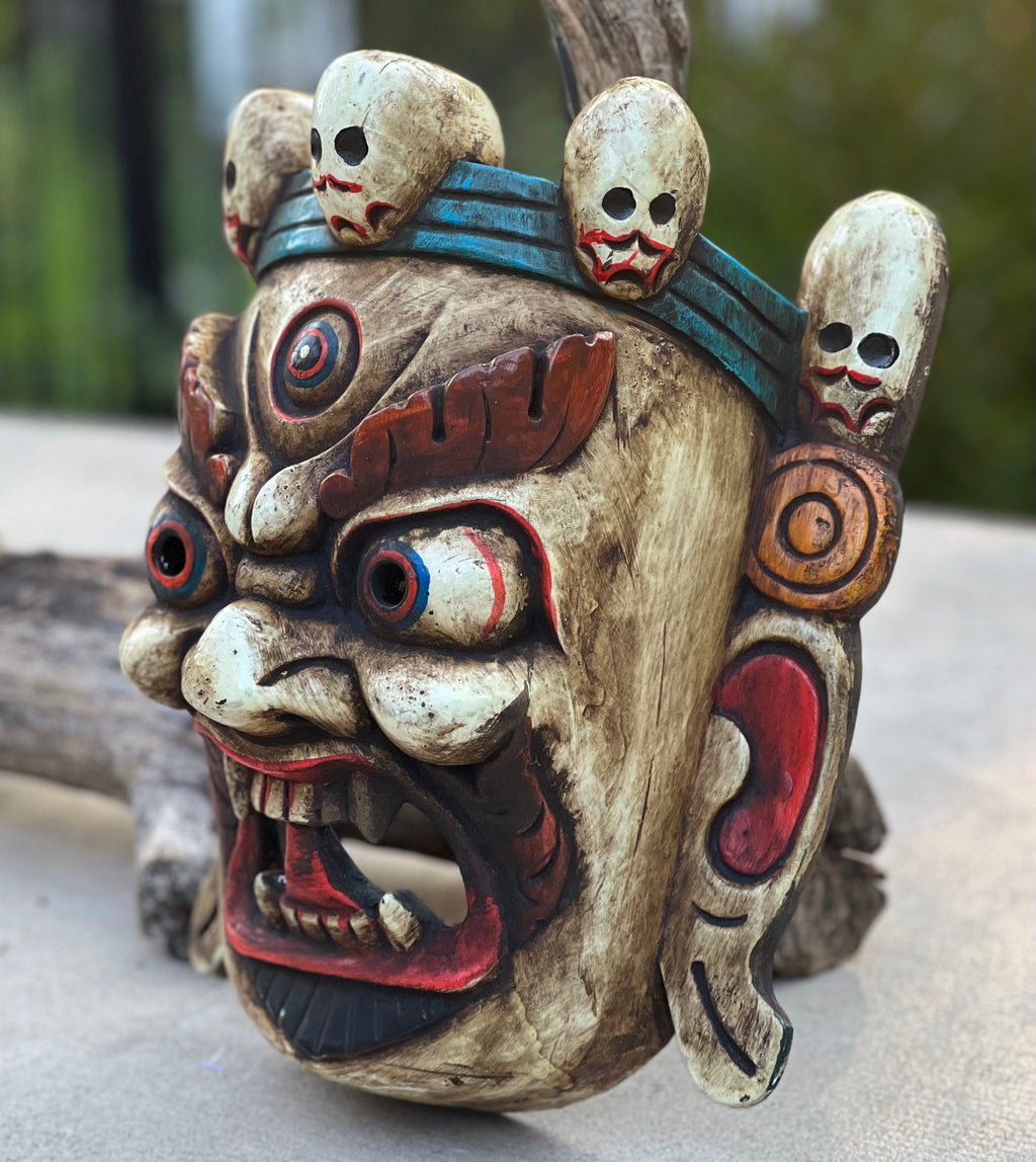 Hand Carved Tibetan Buddhist Mahakala Wooden Mask Wall Decor Hanging White Extra Large 10" Tall