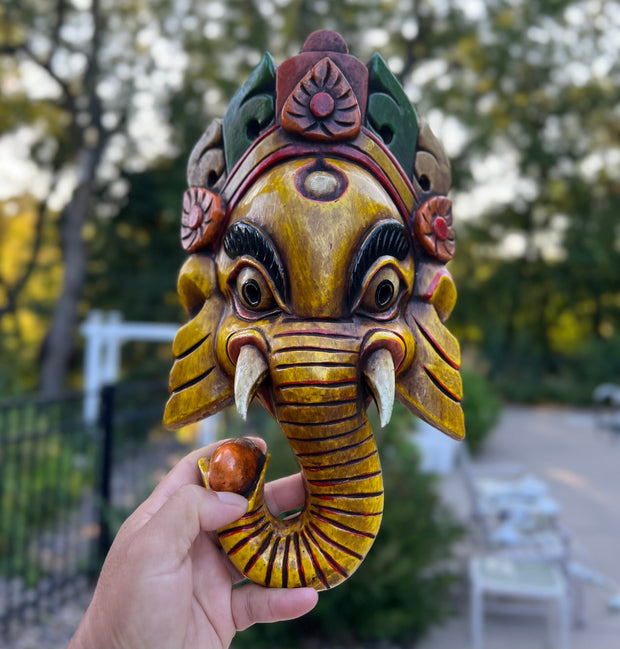 Hand Carved Wooden GANESH Hindu Elephant Deity MASK Handmade in NEPAL Sculptural Wall Hanging Decor Yellow