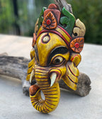 Hand Carved Wooden GANESH Hindu Elephant Deity MASK Handmade in NEPAL Sculptural Wall Hanging Decor Yellow