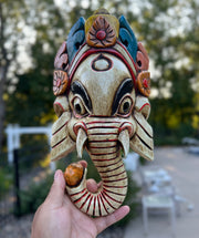 Hand Carved Wooden GANESH Hindu Elephant Deity MASK Handmade in NEPAL Sculptural Wall Hanging Decor White