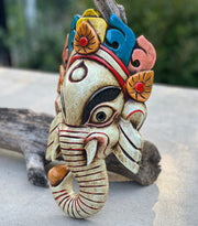 Hand Carved Wooden GANESH Hindu Elephant Deity MASK Handmade in NEPAL Sculptural Wall Hanging Decor White