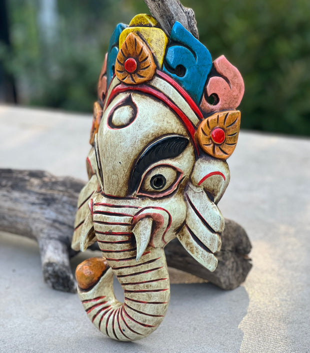 Hand Carved Wooden GANESH Hindu Elephant Deity MASK Handmade in NEPAL Sculptural Wall Hanging Decor White