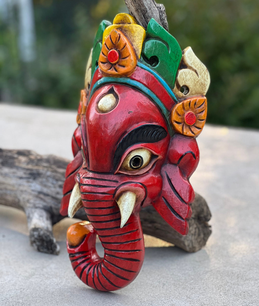 Hand Carved Wooden GANESH Hindu Elephant Deity MASK Handmade in NEPAL Sculptural Wall Hanging Decor Red - DharmaObjects