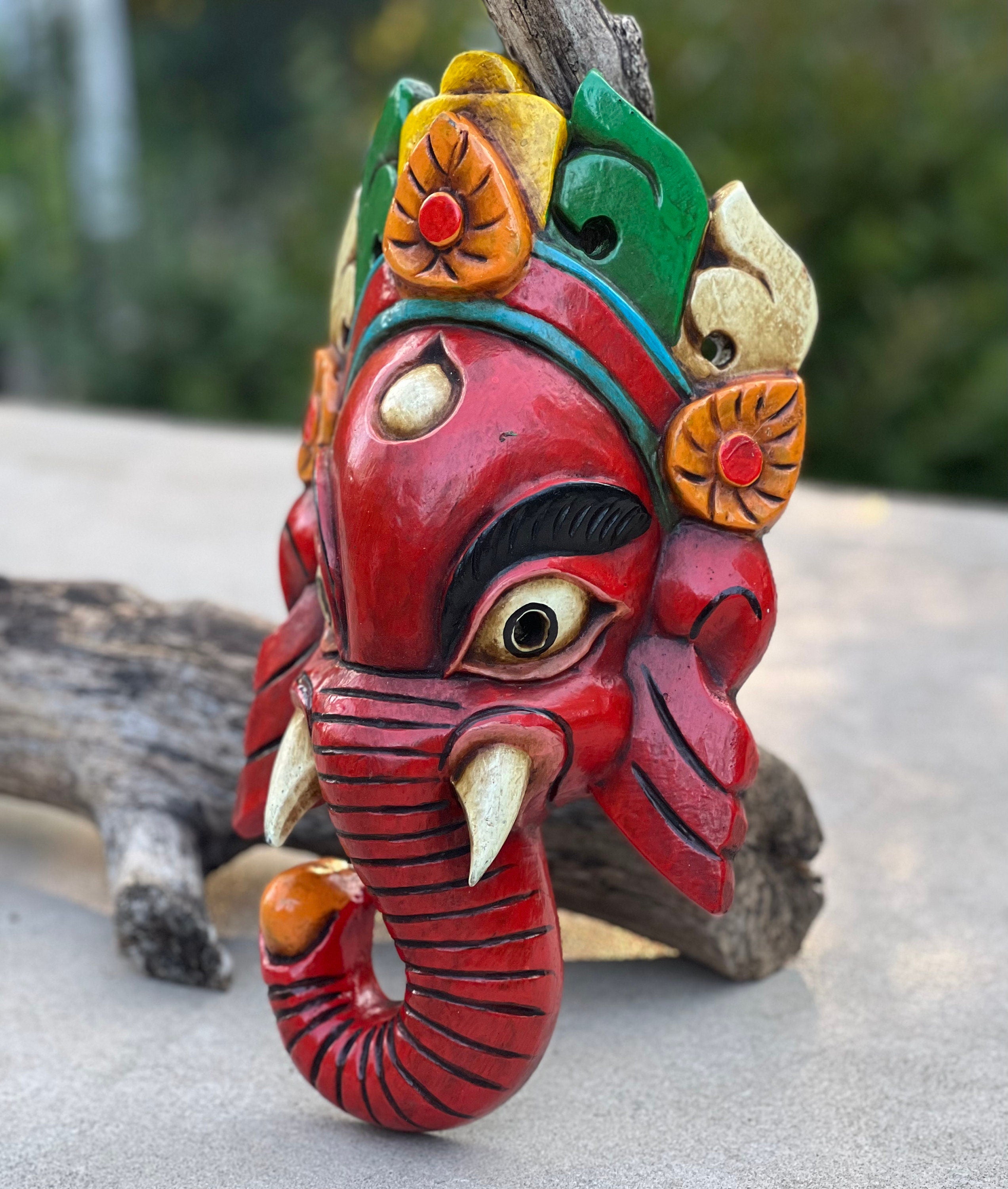 Hand Carved Wooden GANESH Hindu Elephant Deity MASK Handmade in NEPAL Sculptural Wall Hanging Decor Red - DharmaObjects