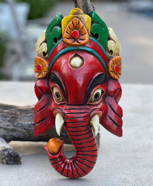 Hand Carved Wooden GANESH Hindu Elephant Deity MASK Handmade in NEPAL Sculptural Wall Hanging Decor Red
