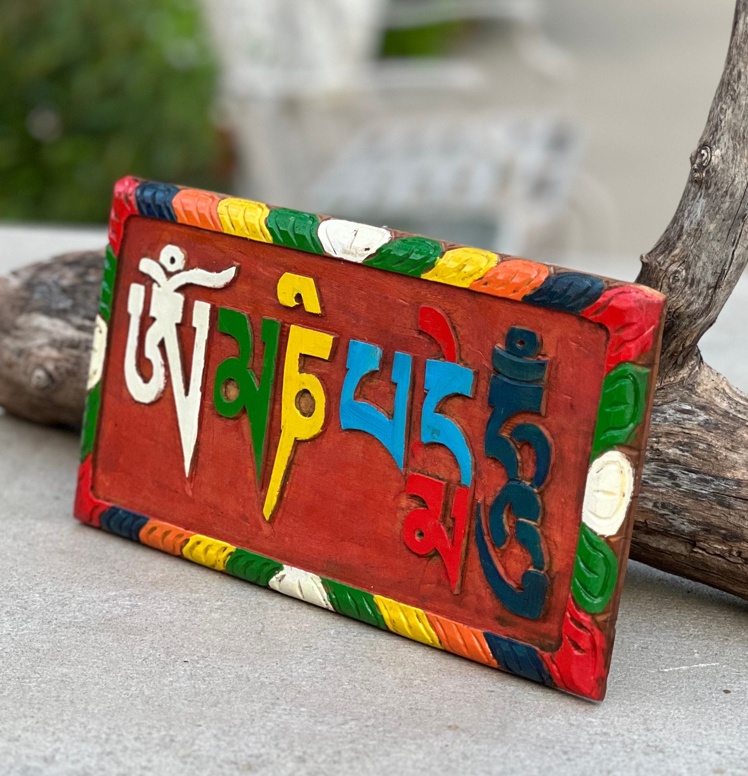 Hand Carved Painted Tibetan Buddhist "Om Mani Padme Hum" Sign in Wood