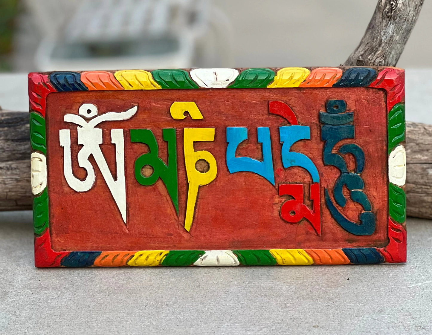 Hand Carved Painted Tibetan Buddhist "Om Mani Padme Hum" Sign in Wood