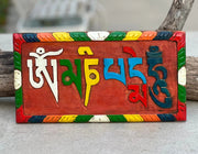 Hand Carved Painted Tibetan Buddhist "Om Mani Padme Hum" Sign in Wood