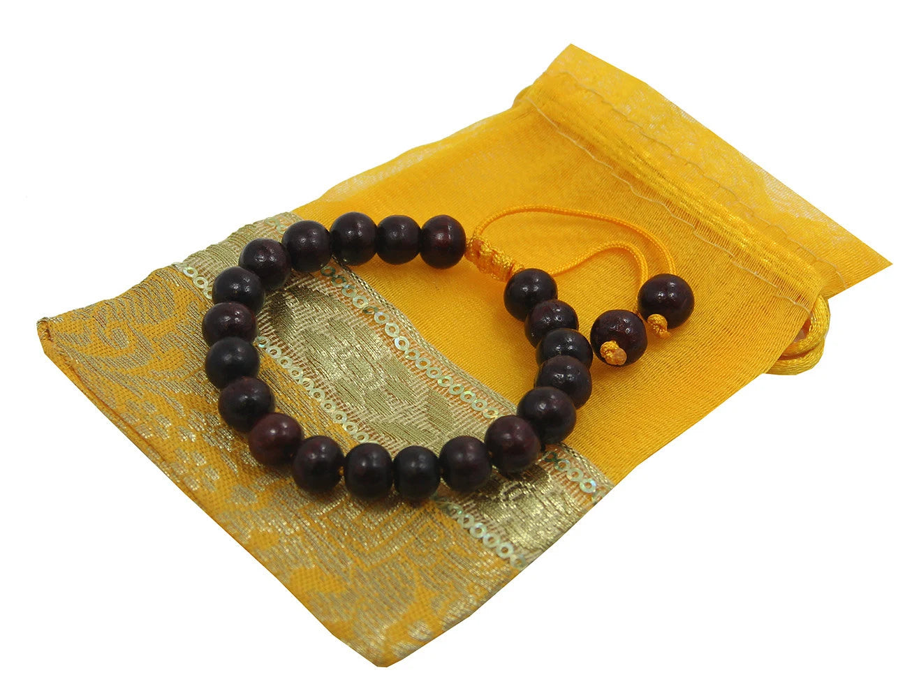 Tibetan Rosewood 21 Beads Adjustable Wrist Mala Bracelet Free Pouch (Yellow Tassel)