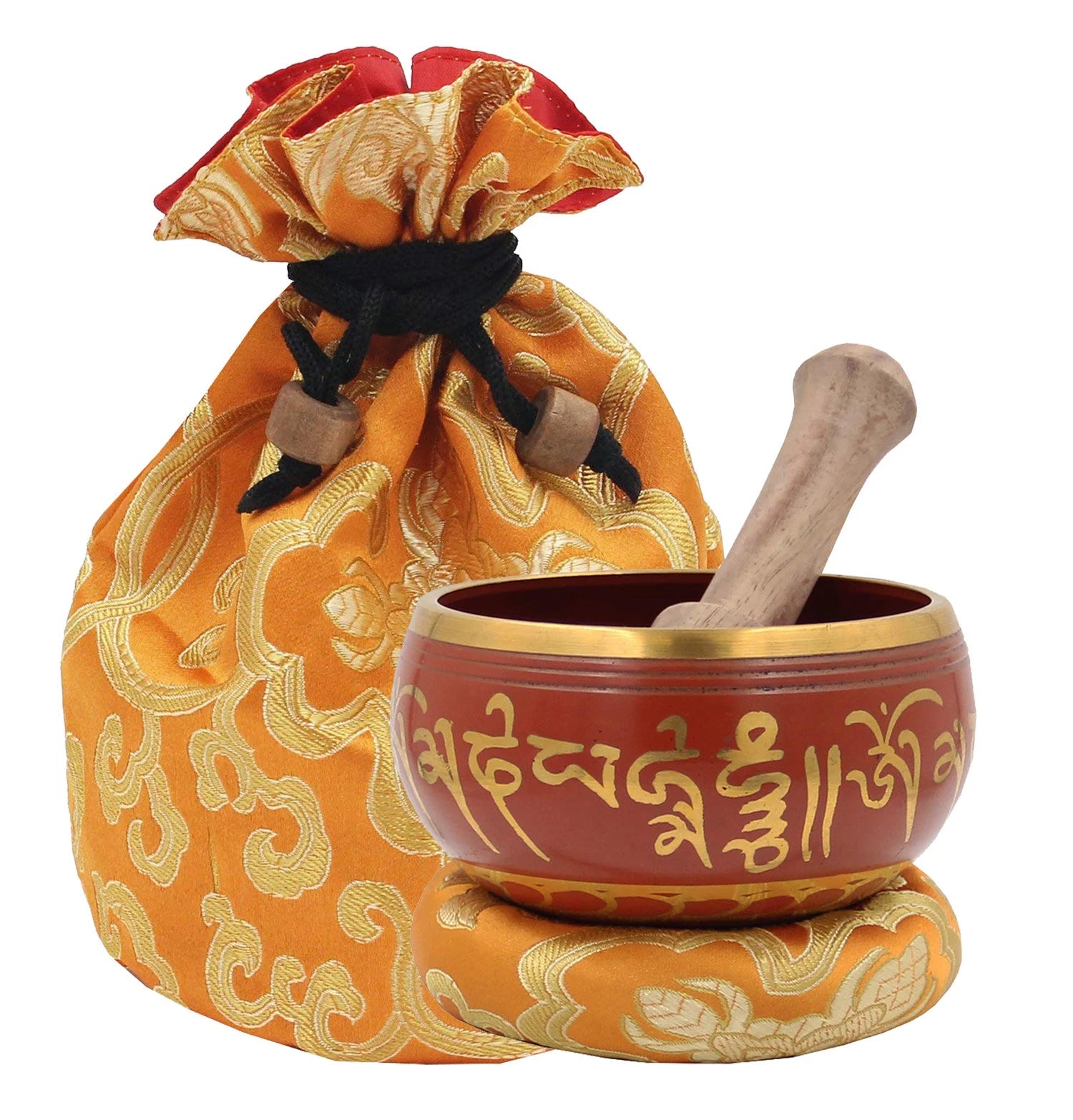 Tibetan Om Mani Singing Bowl Set – Meditation Bowl with Rosewood Mallet, Brocade Cushion & Carry Bag for Yoga, Prayer & Chakra Healing - DharmaObjects
