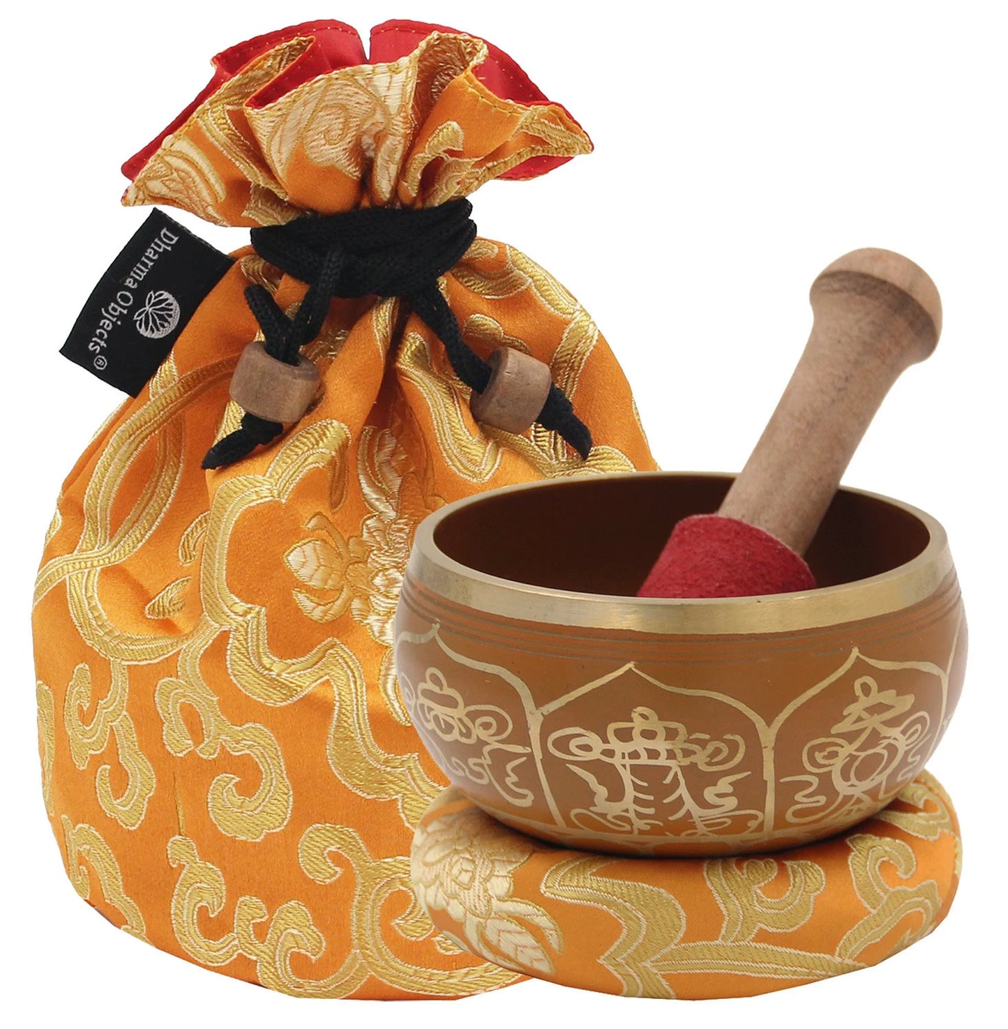 Tibetan 8 Lucky Symbols Singing Bowl Complete Set ~ With Mallet, Brocade Cushion & Carry Bag ~ For Meditation, Chakra Healing, Prayer, Yoga