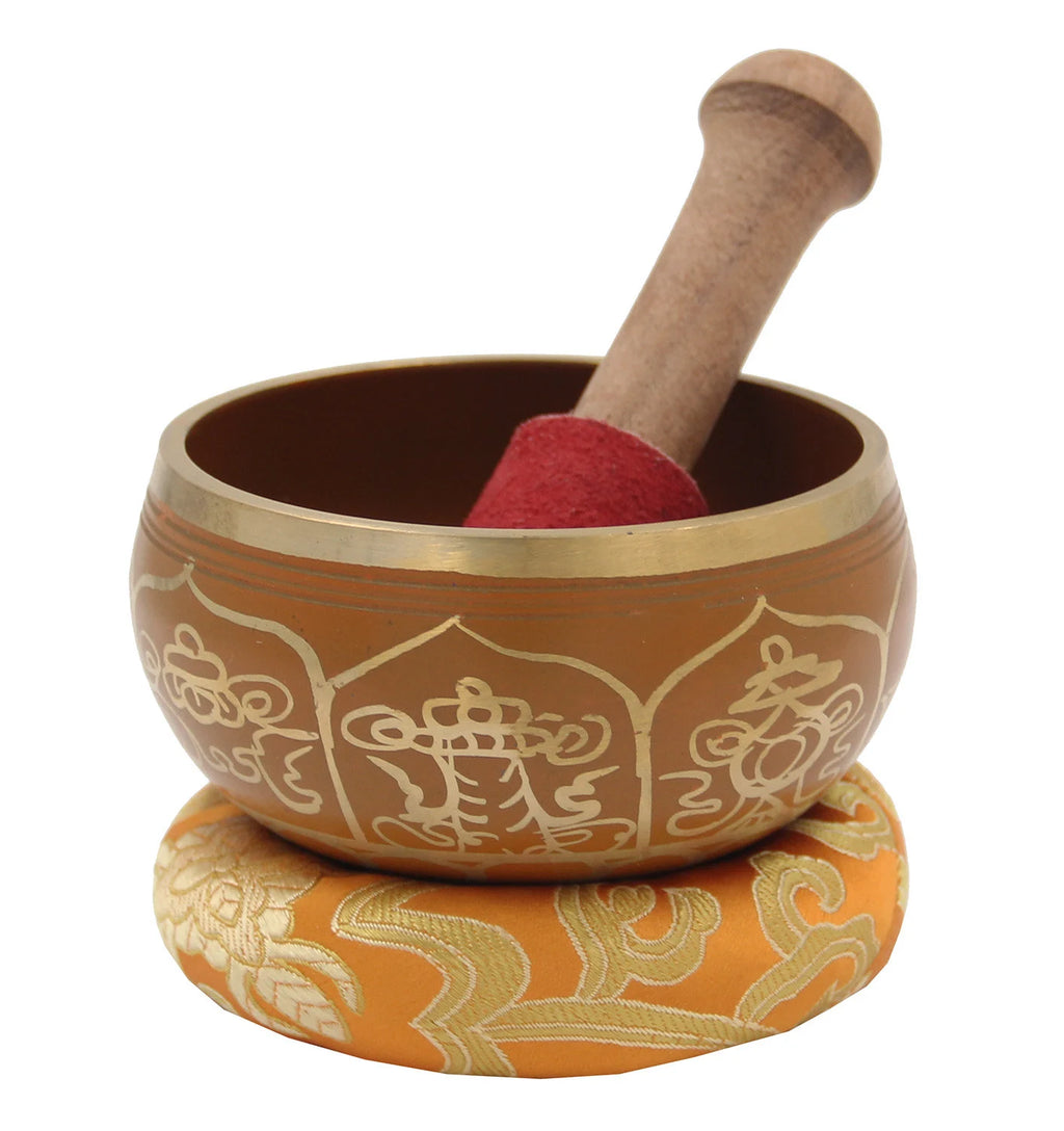 Tibetan 8 Lucky Symbols Singing Bowl Complete Set ~ With Mallet, Brocade Cushion & Carry Bag ~ For Meditation, Chakra Healing, Prayer, Yoga - DharmaObjects