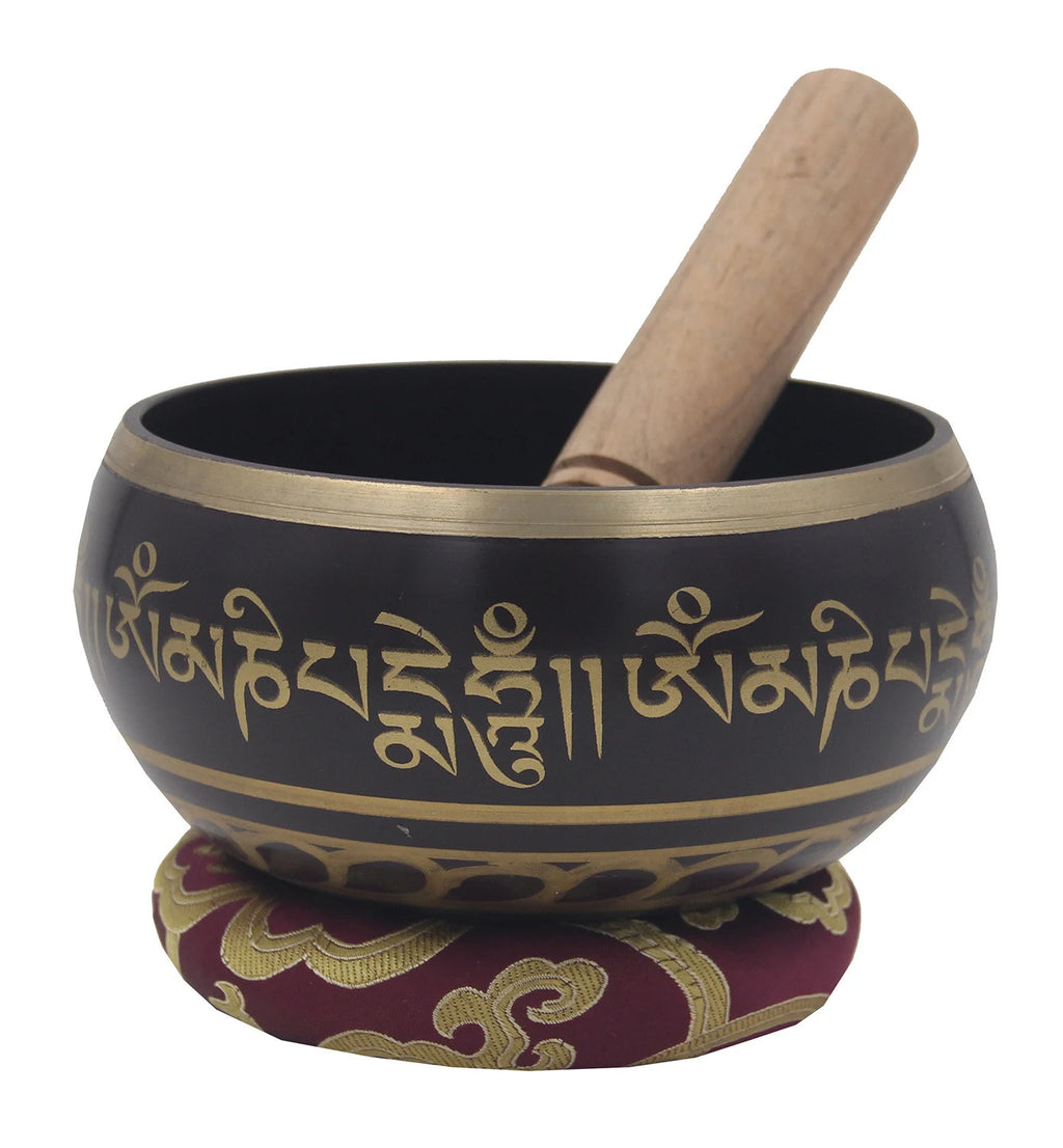 Tibetan Extra Large Om Mani Singing Bowl 5.5" – Meditation Bowl with Wooden Mallet & Brocade Cushion for Yoga, Chakra Healing & Mindfulness - DharmaObjects