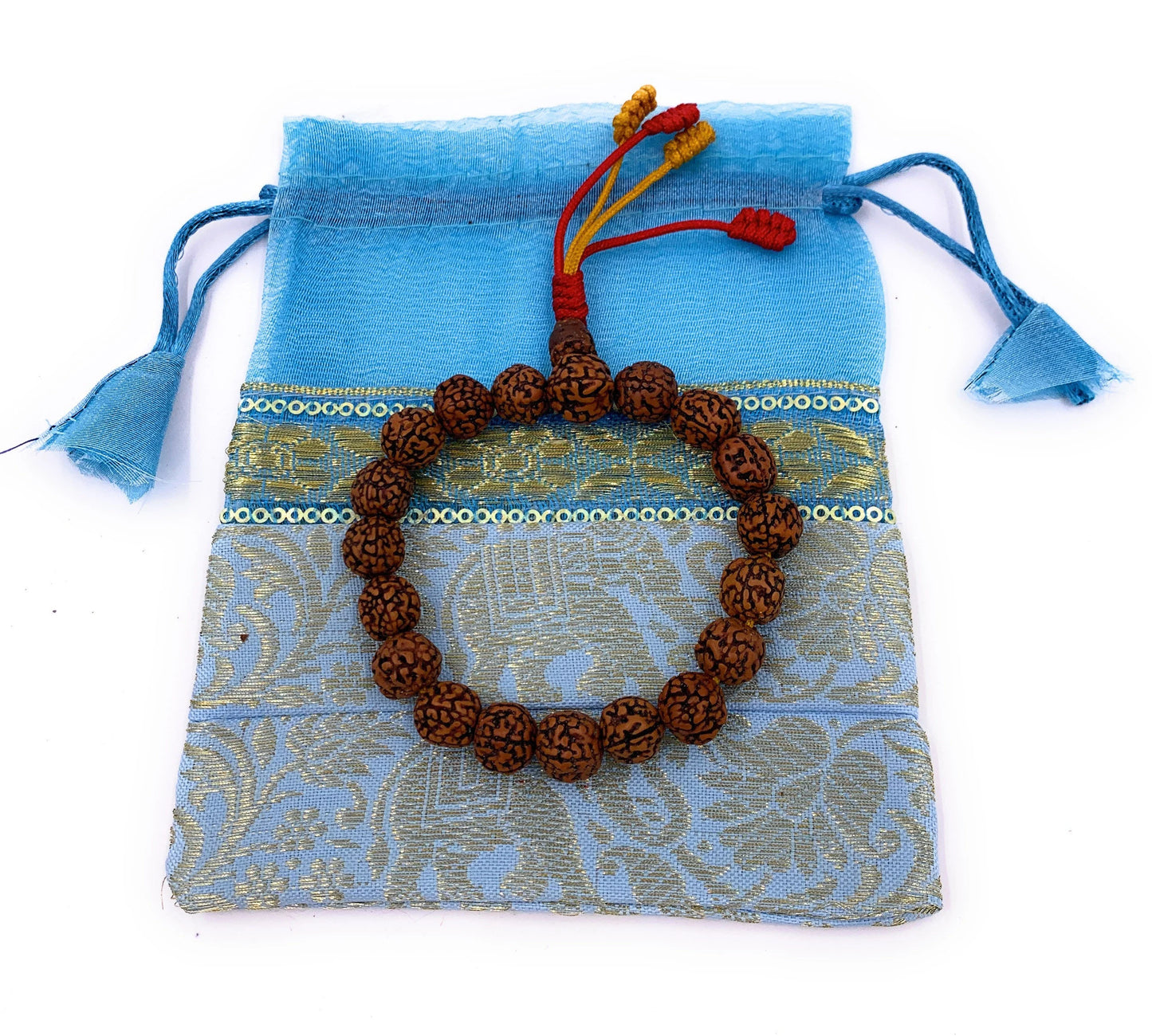 Brown Color Rudraksha 18 Beads Wrist Mala Bracelets Multi Color Tassel Free Pouch