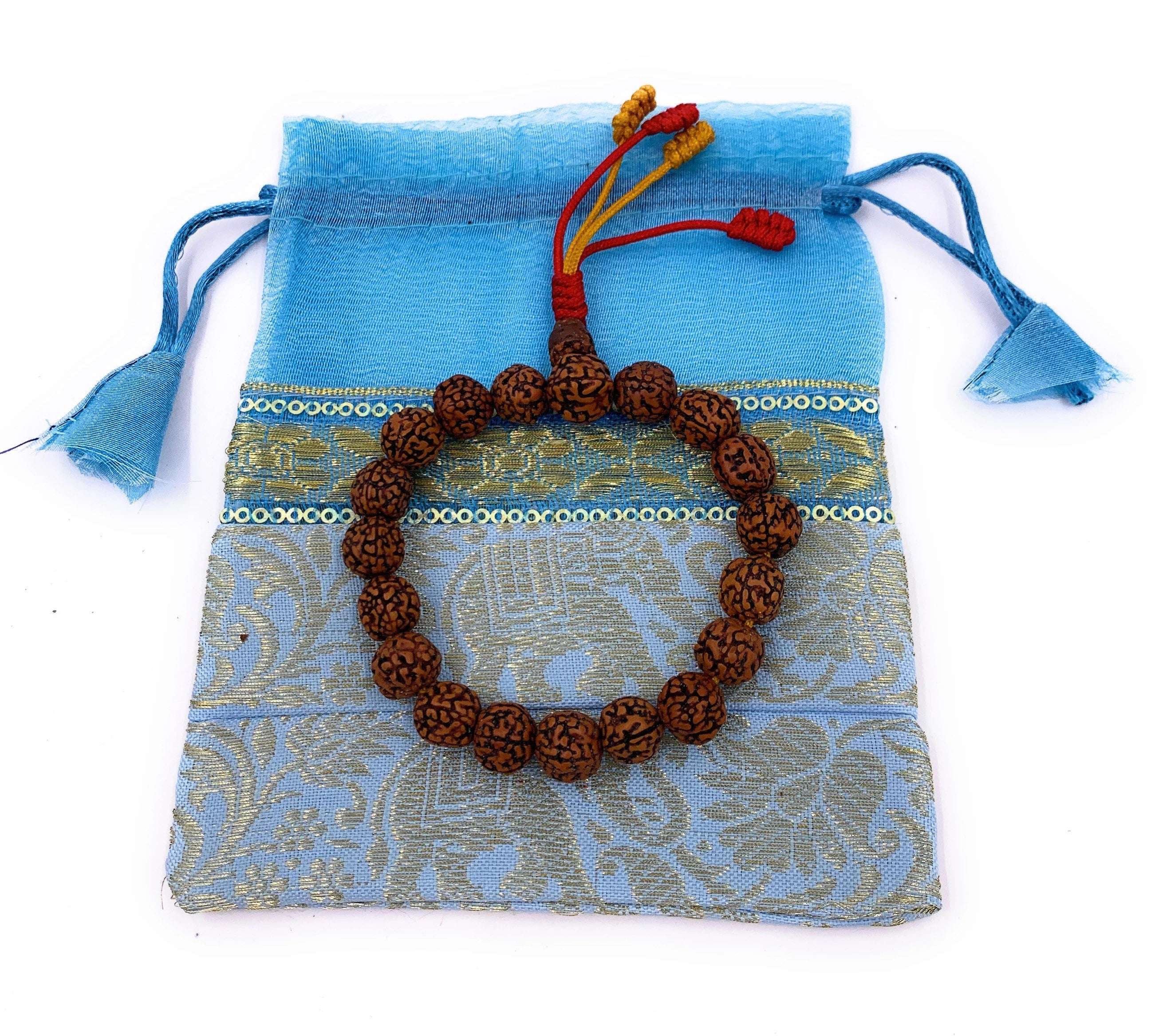 Brown Color Rudraksha 18 Beads Wrist Mala Bracelets Multi Color Tassel Free Pouch