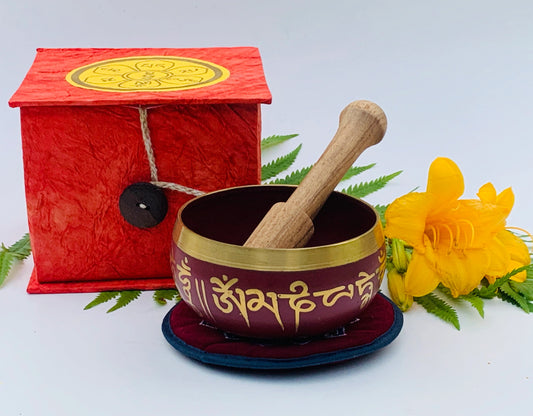 Tibetan OM Mani Singing Bowl Complete Set ~ With Mallet, Mat Cushion & Gift Box ~ For Meditation, Chakra Healing, Prayer, Yoga