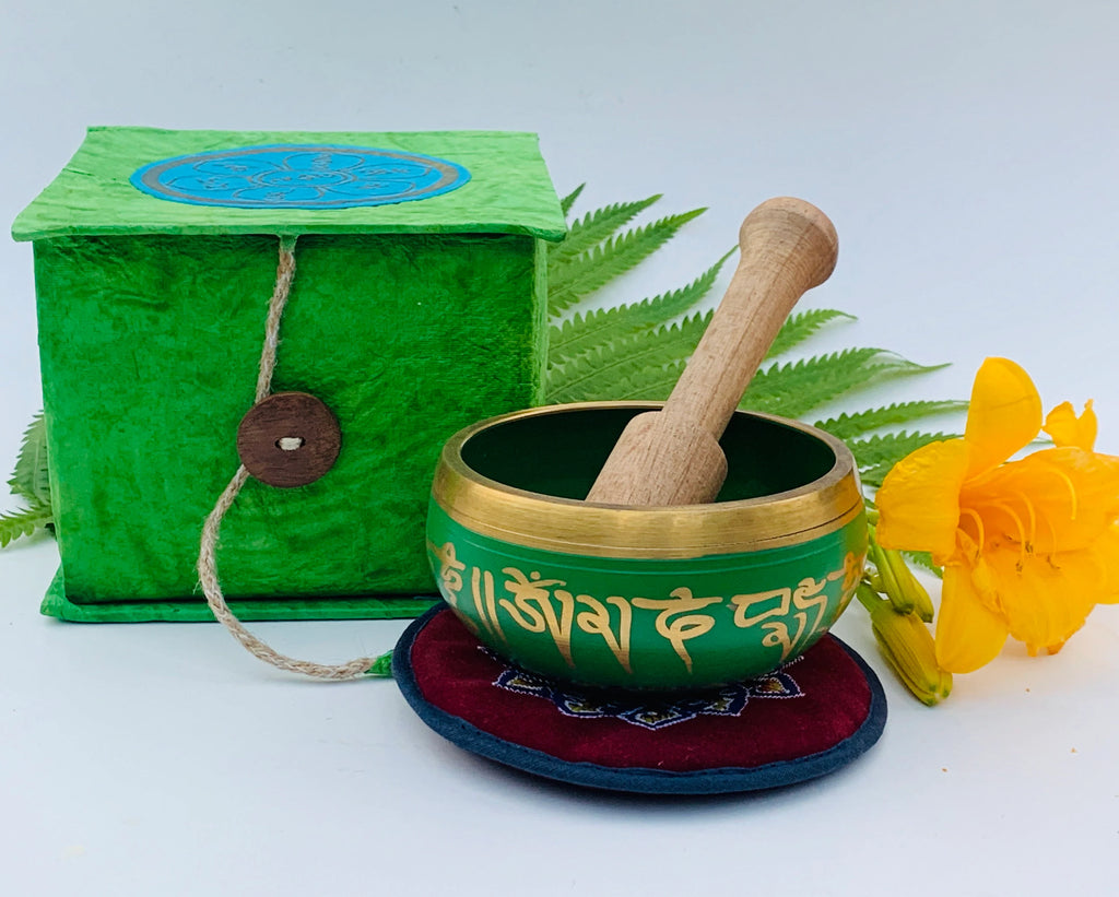 Tibetan Om Mani Singing Bowl Set – Meditation Bowl with Wooden Mallet, Mat Cushion & Handmade Gift Box for Yoga, Prayer & Chakra Healing - DharmaObjects